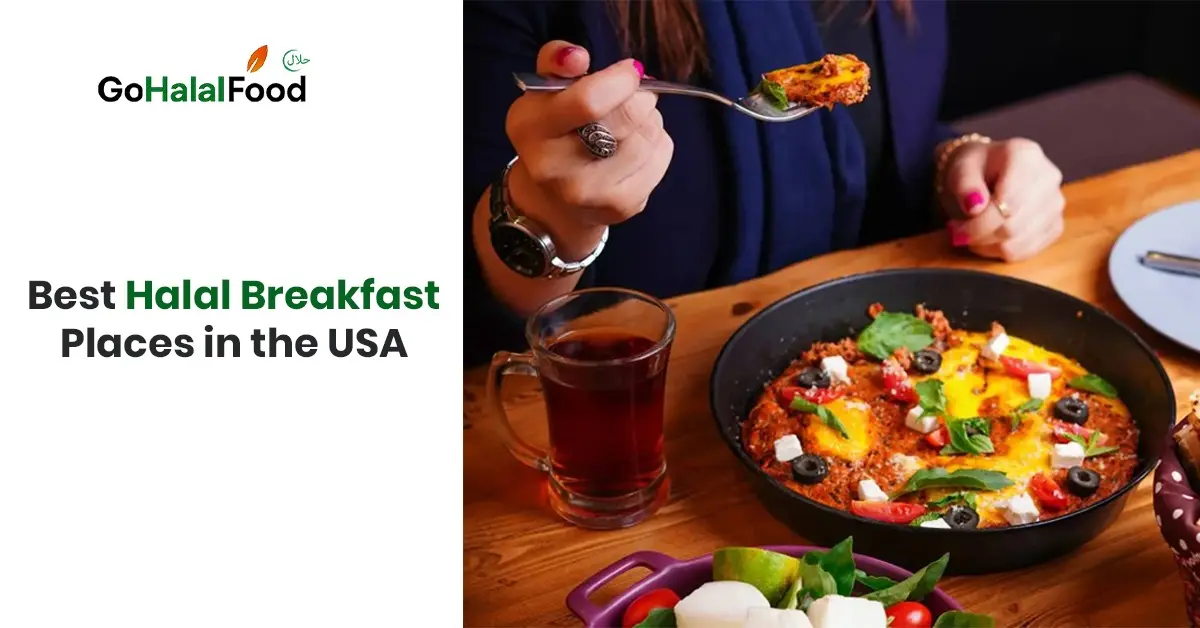 Woman enjoying halal breakfast with eggs cheese olives and tea at a restaurant highlighting popular halal breakfast places across USA