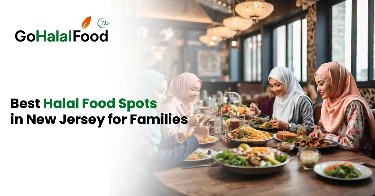 Muslim families enjoying halal meals together at a restaurant, highlighting family friendly halal food spots in New Jersey NJ