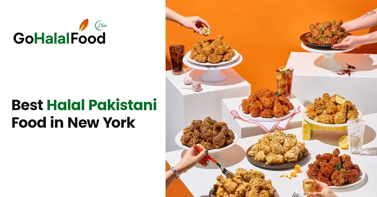 Colorful spread of halal Pakistani fried chicken dishes on plates with drinks, showcasing best halal food options in New York City.
