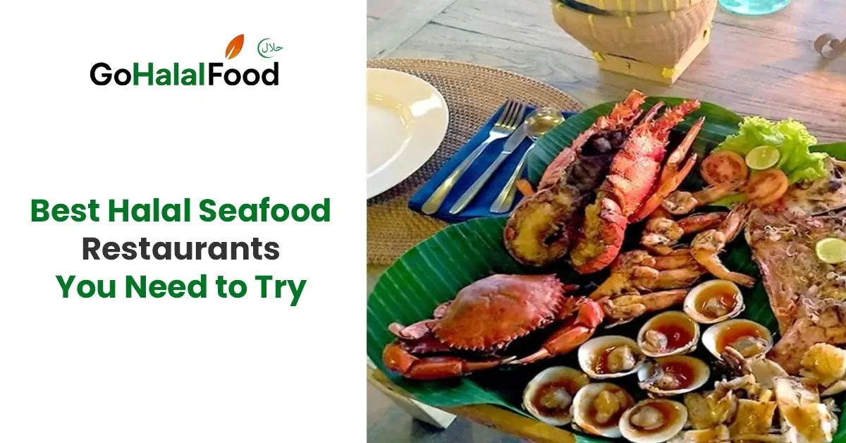 Platter of fresh halal seafood including lobster crab shrimp and shellfish served at a halal seafood restaurant with GoHalalFood branding.