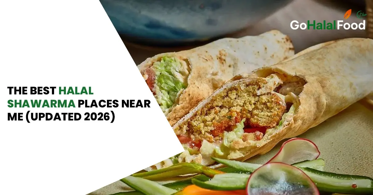 Close up of halal shawarma wraps with falafel lettuce tomato and sauce promoting best shawarma places near you in 2026 guide today